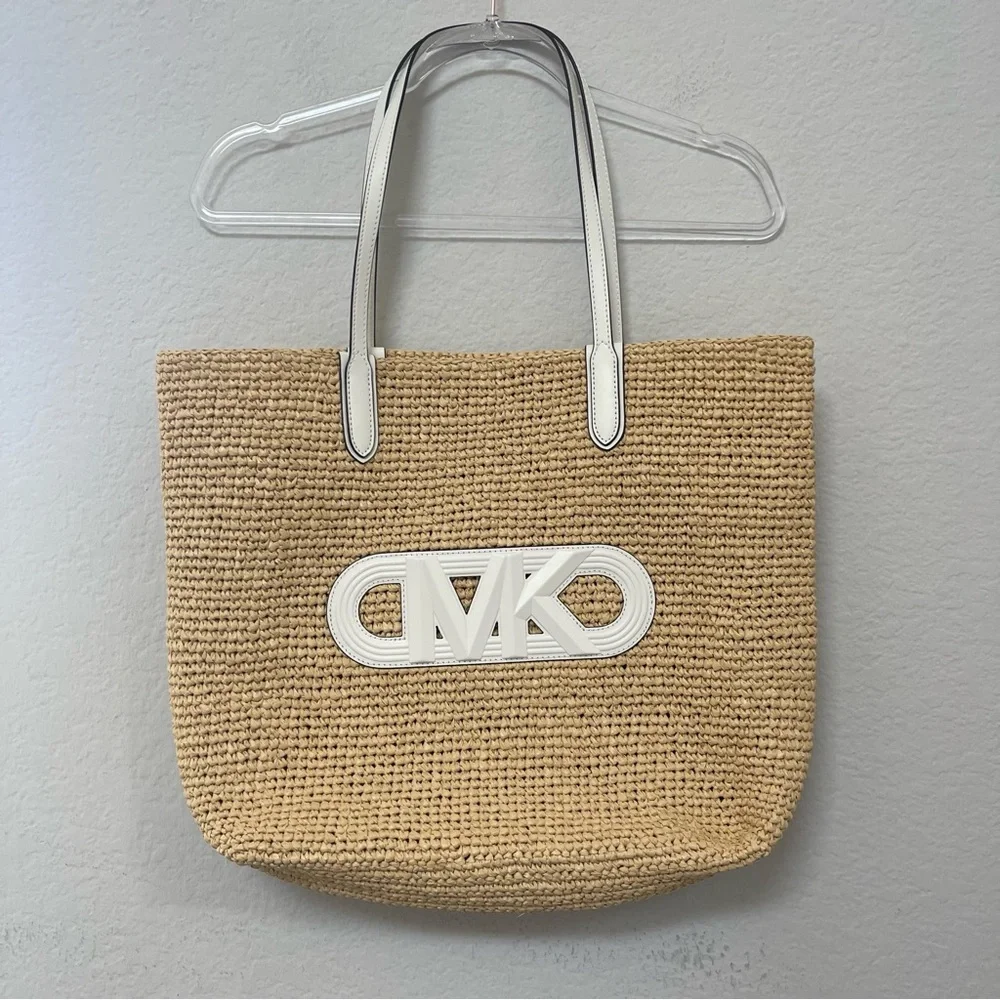Michael Kors Eliza Extra Large Logo Tote Natural Straw White